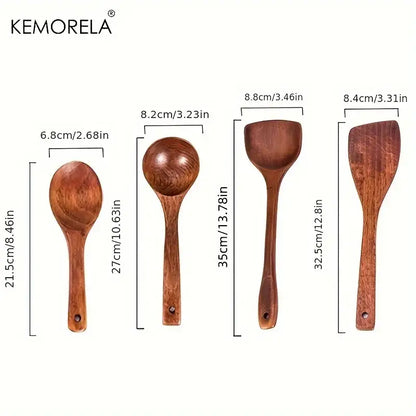 Natural polished 4-piece wooden kitchen utensil set with rich brown tones and smooth polished surfaces including spoons and spatulas
