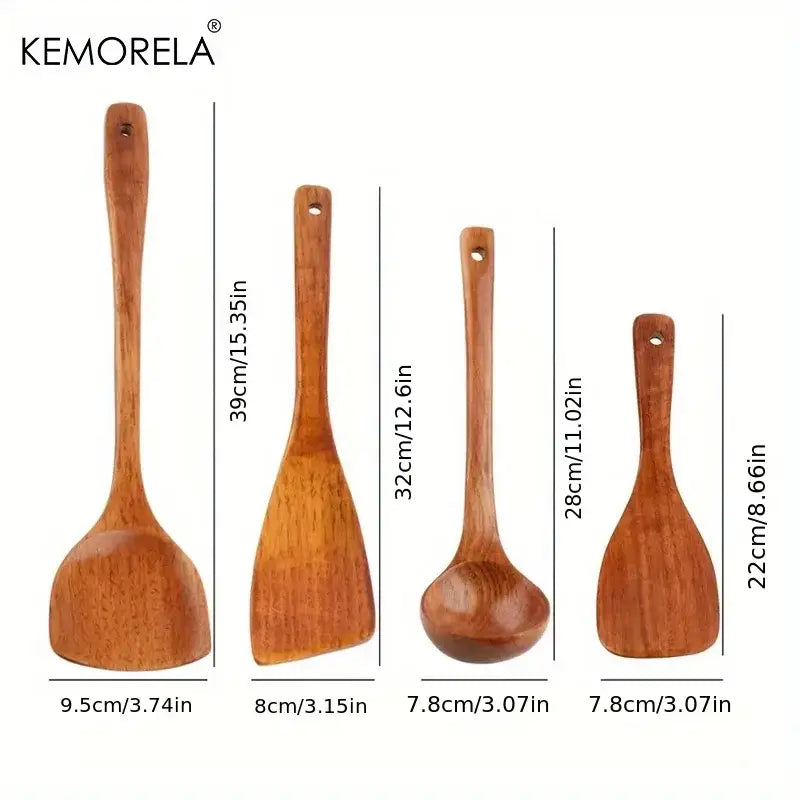 Natural polished wooden kitchen utensil set with four warm brown wooden kitchen tools featuring varied shapes