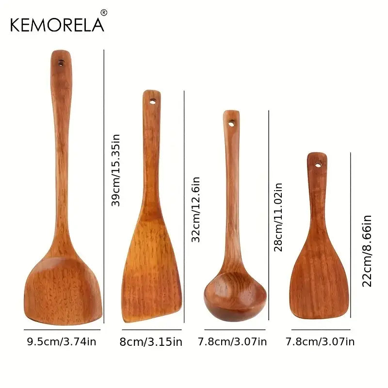 Natural polished wooden kitchen utensil set of four warm brown kitchen tools featuring spatulas and spoons with wood grain