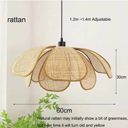 Beige natural rattan petal woven pendant light with a flower-like design and adjustable hanging length for dining room