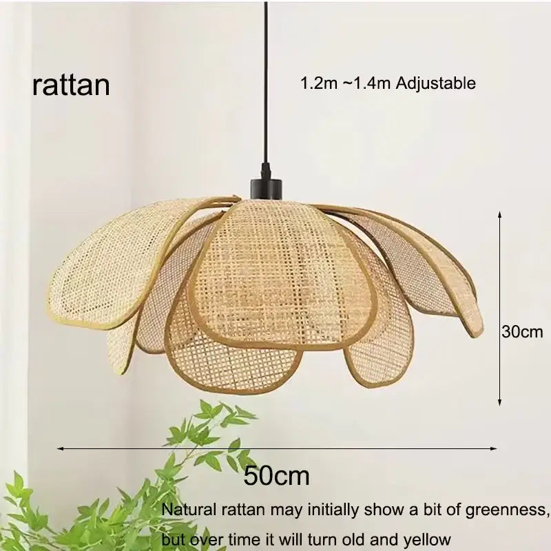 Beige natural rattan pendant light with flower-like design and adjustable hanging length for dining room light source