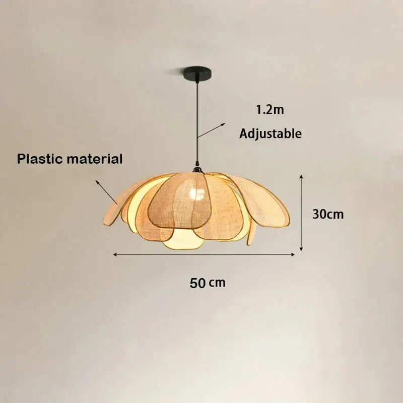 Natural rattan warm-toned woven pendant light shaped like layered petals for dining room illumination