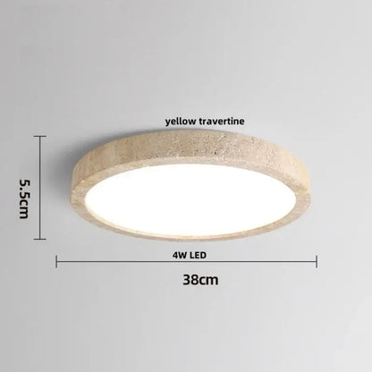 Natural travertine ellipse stone led ceiling light with textured yellow ring and bright white center for bedroom decorbites decor