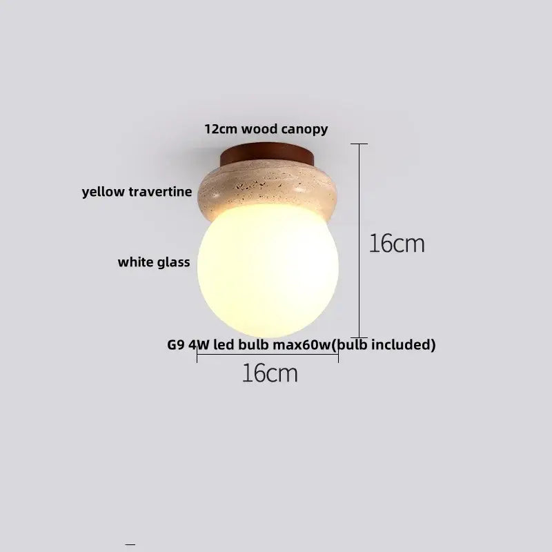 Warm glowing natural travertine ellipse stone led ceiling light with wood canopy and white glass globe for bedroom decor