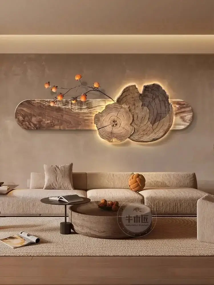 Rustic natural wood backlit wall lamp painting with orange branch decor for bedroom wall lamp or sofa set ambiance