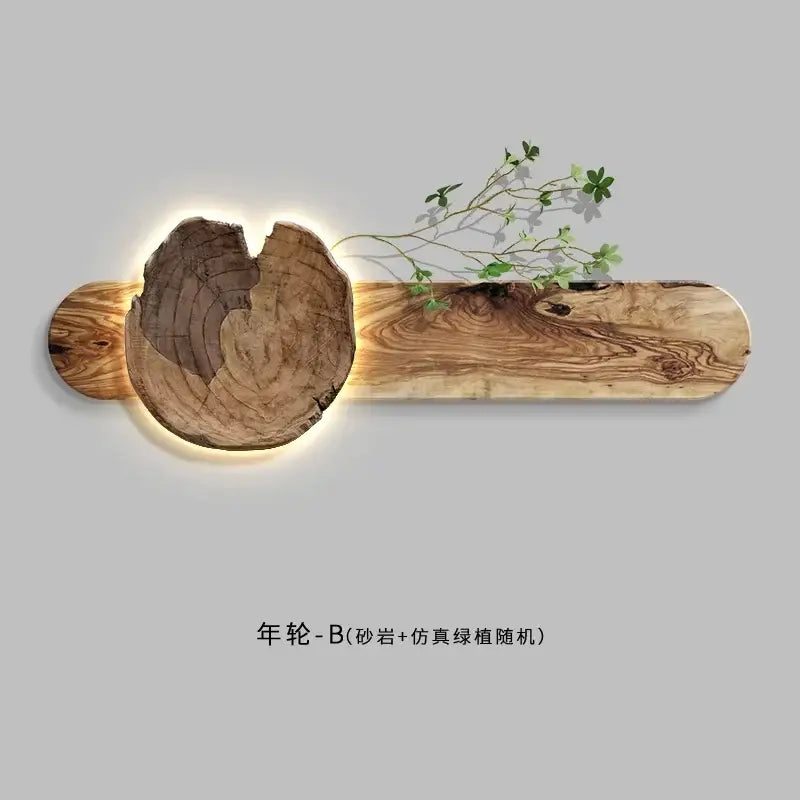 Natural wood bedroom wall lamp with circular cutout, integrated lighting, and warm brown grain patterns for sofa set decor