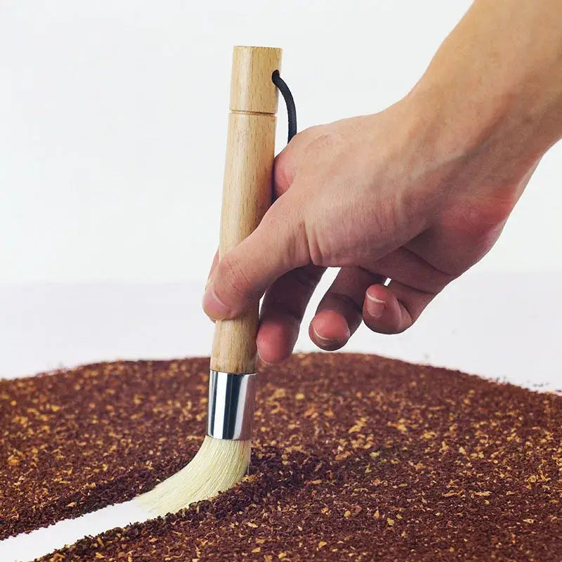 Natural wood coffee grinder cleaner brush with light wood handle silver ferrule and natural bristles for coffee grinder use