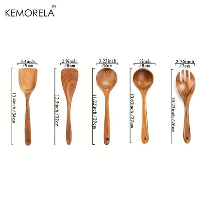 Set of five natural wooden tableware utensils by kemorela featuring polished spatula spoon fork and slotted spoon