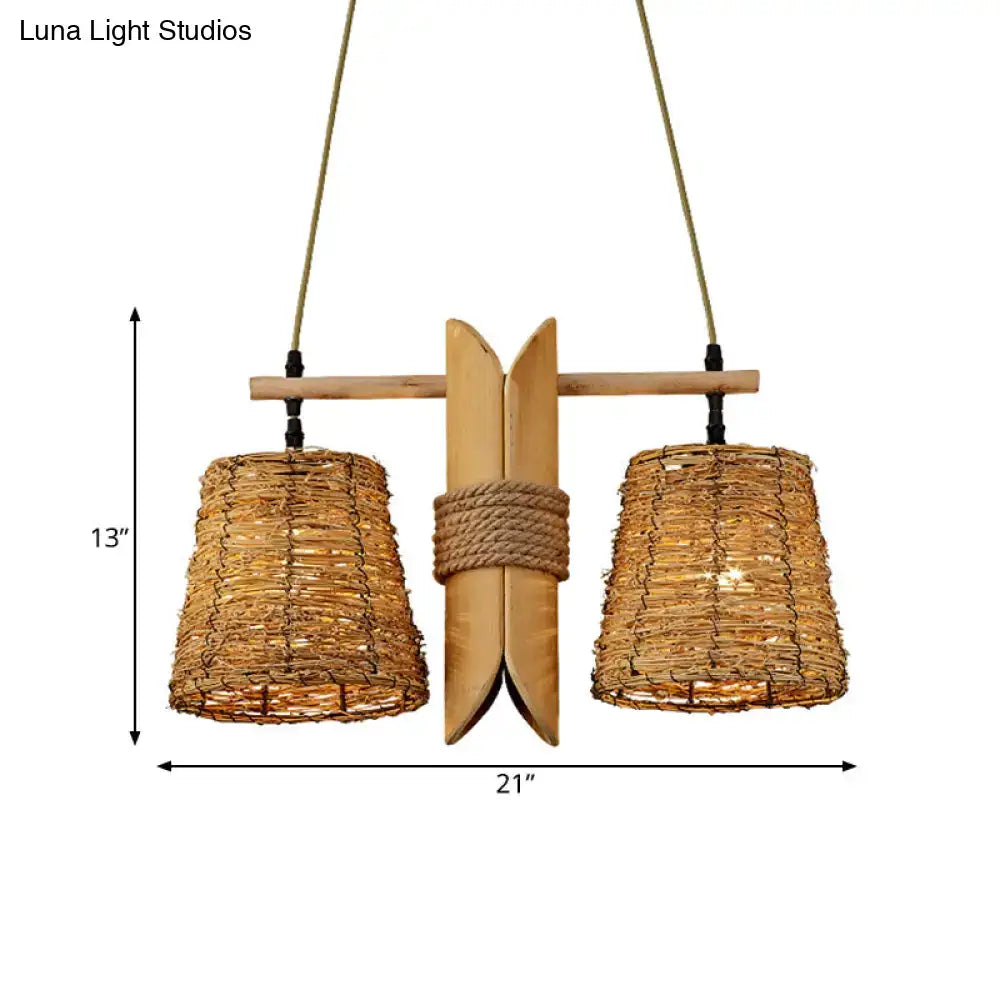 Decorbites rattan conic restaurant pendant lamp with beige heads bamboo tube and rope tie island ceiling light