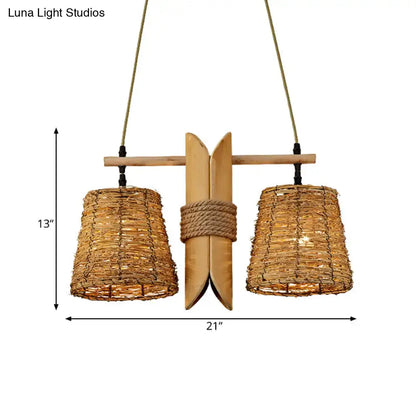 Decorbites rattan conic restaurant pendant lamp with beige heads bamboo tube and rope tie island ceiling light