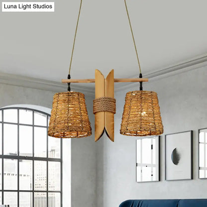 DecorBites™ rattan conic restaurant pendant lamp with beige heads bamboo tube and natural woven wicker ceiling light