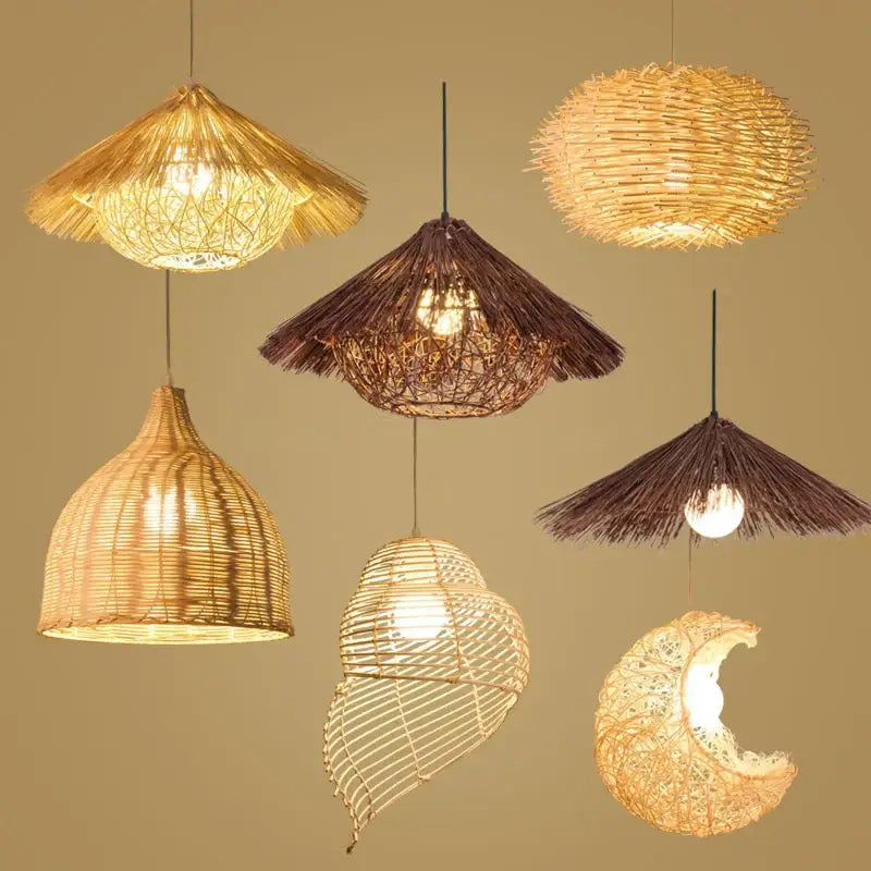Natural woven rattan pendant lights in natural and dark brown tones featuring hat shell and moon shapes