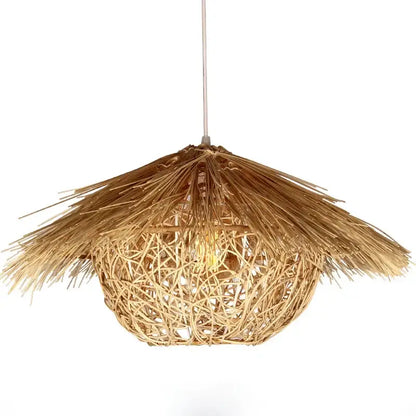 Natural woven rattan pendant light with thatched umbrella top and lattice body for dining room pendant lights