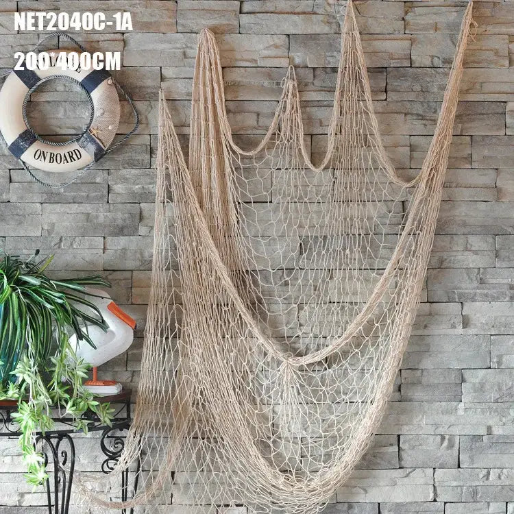 Beige decorative fishing net with woven mesh design and natural fiber material for nautical bedroom decor