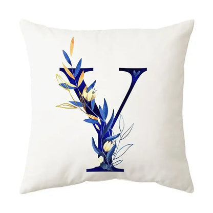White throw pillow with stylized letter y featuring navy and gold alphabet flower design for bedroom decorbites blue alphabet decor