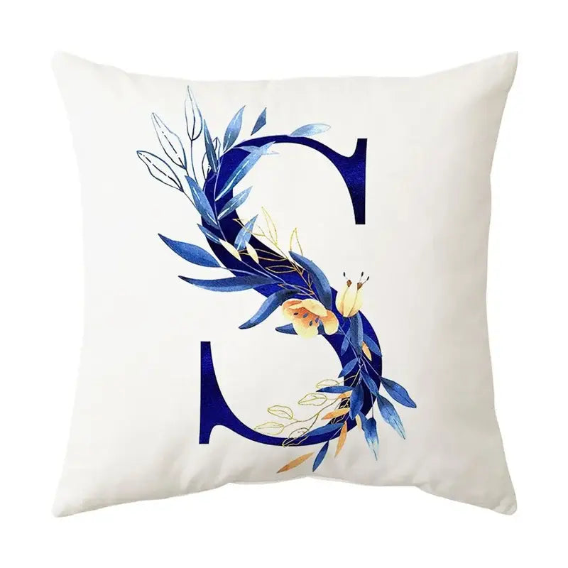 White throw pillow featuring navy and gold alphabet flower letter s for bedroom decorbites blue alphabet decor