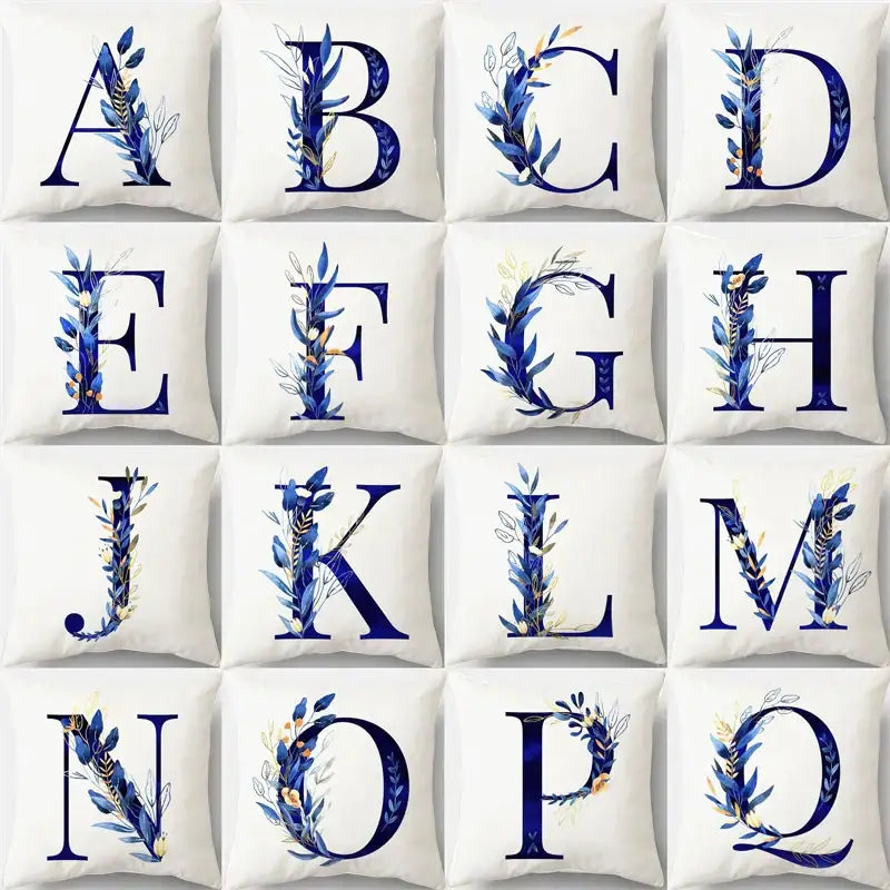 White cushion covers with navy and gold alphabet flower letter designs for bedroom decorbites blue alphabet style