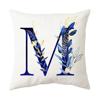 White throw pillow with navy and gold alphabet flower letter m for bedroom decorbites blue alphabet decor