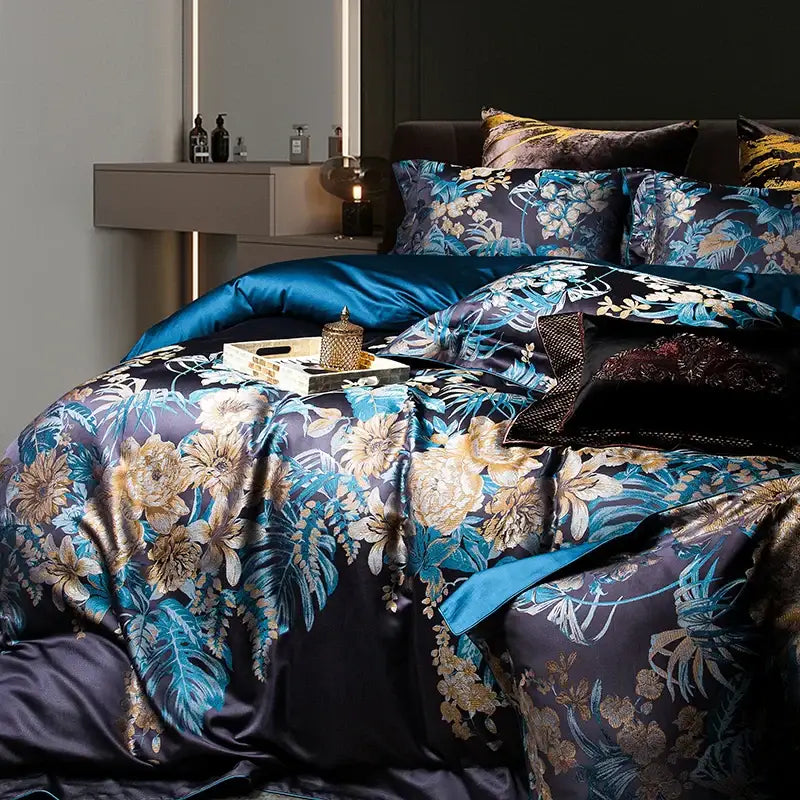 Luxurious navy blue 1500tc jacquard egyptian cotton bedding set with teal gold and white floral satin duvet cover