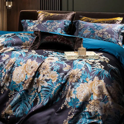 Luxurious navy blue 1500tc jacquard egyptian cotton bedding set with intricate gold and teal floral embroidery