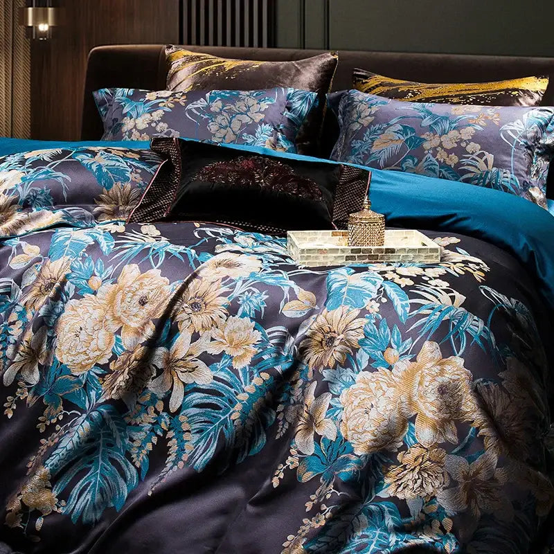 Luxurious navy blue 1500tc jacquard egyptian cotton bedding set with intricate gold and teal floral embroidery