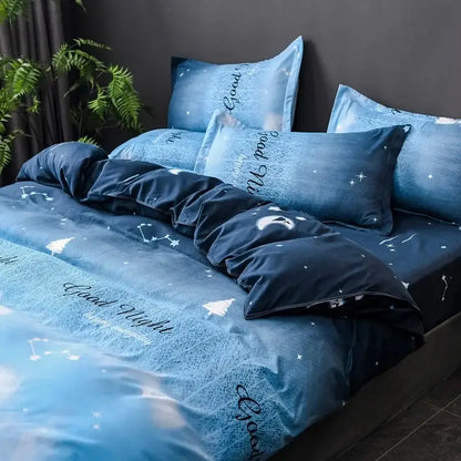 Navy blue and white cute cartoon printed bedding set with starry night theme and good night script for bedroom use