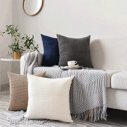 Set of four navy charcoal beige and cream corn grain cushion covers with woven waffle texture by decorbites corduroy corn
