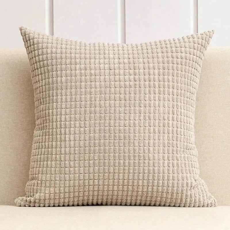 Beige textured corduroy throw pillow with subtle grid pattern in a navy charcoal corn grain decorbites cushion cover set