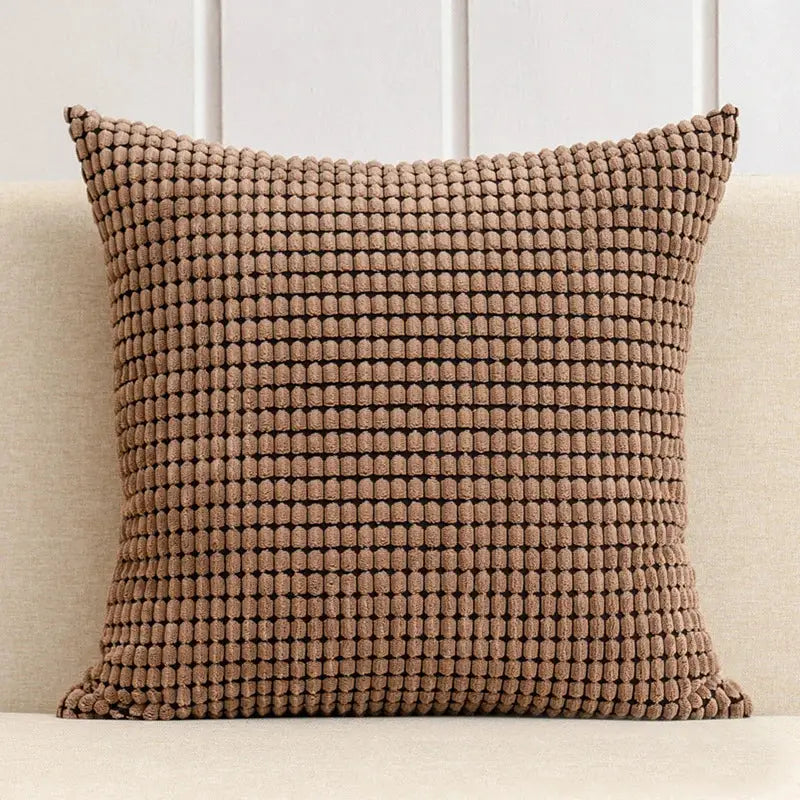 Brown textured throw pillow with woven corduroy pattern in navy and charcoal decorbites corduroy corn grain cushion cover set
