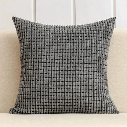 Gray textured throw pillow with raised grid pattern in navy charcoal corduroy corn grain cushion cover decorbites set