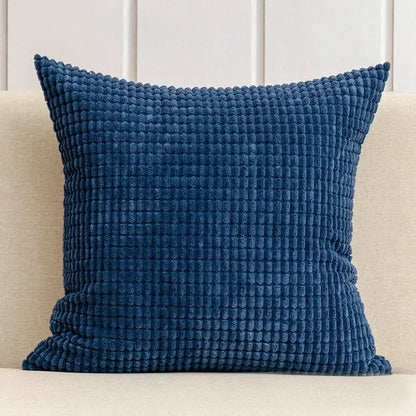 Deep blue corduroy throw pillow with textured ribbed surface in navy charcoal corduroy corn grain cushion cover decorbites