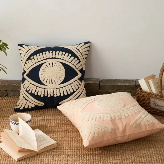 Navy and cream embroidered cotton pillow cover with intricate tufted design for living room decorbites embroidered cotton pillow