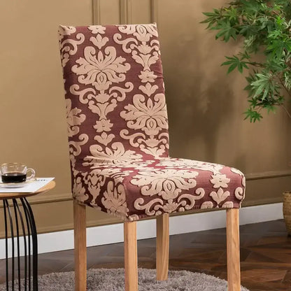 A maroon and beige damask patterned stretch chair cover with decorbites 3d embossed print fits a wooden dining chair