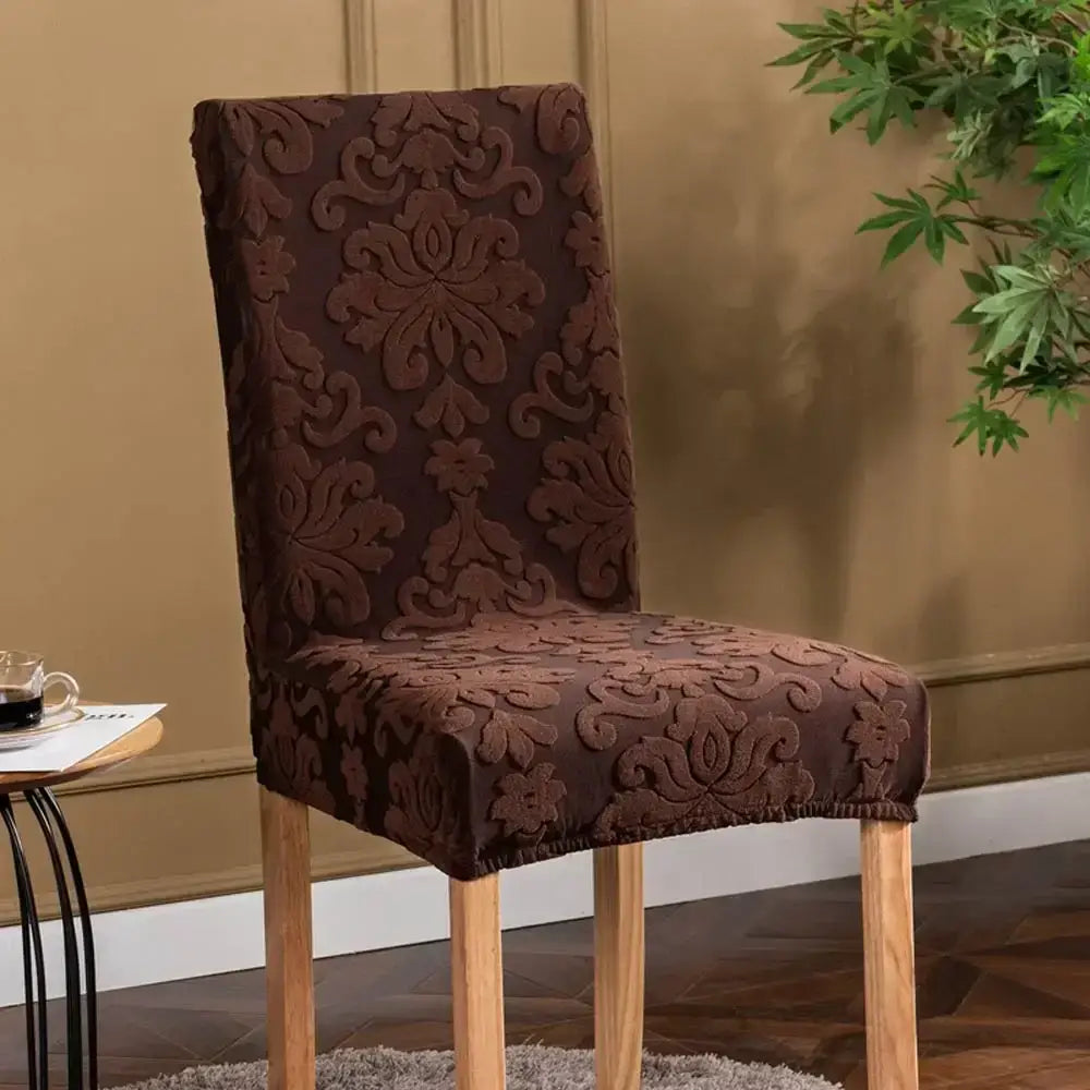Brown damask chair cover with textured fabric and elasticized edges decorbites 3d embossed print chair covers