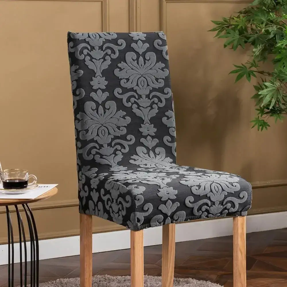 Black and gray stretch chair covers with damask embossed print by decorbites 3d embossed for dining room decor