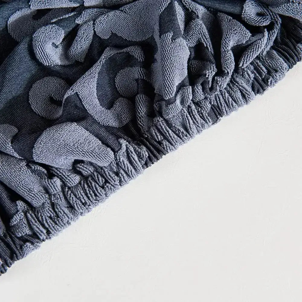 Gray textured fabric chair covers with navy light gray damask embossed print and elasticated hem by decorbites 3d embossed
