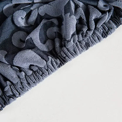Gray textured fabric chair covers with navy light gray damask embossed print and elasticated hem by decorbites 3d embossed