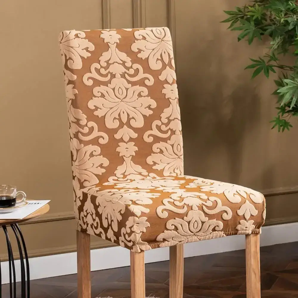 Brown and cream damask stretch chair cover featuring decorbites 3d embossed print for dining room decor