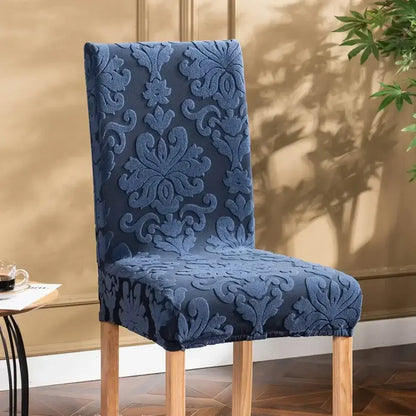 Blue damask patterned stretch chair cover with embossed print by decorbites for dining room decor
