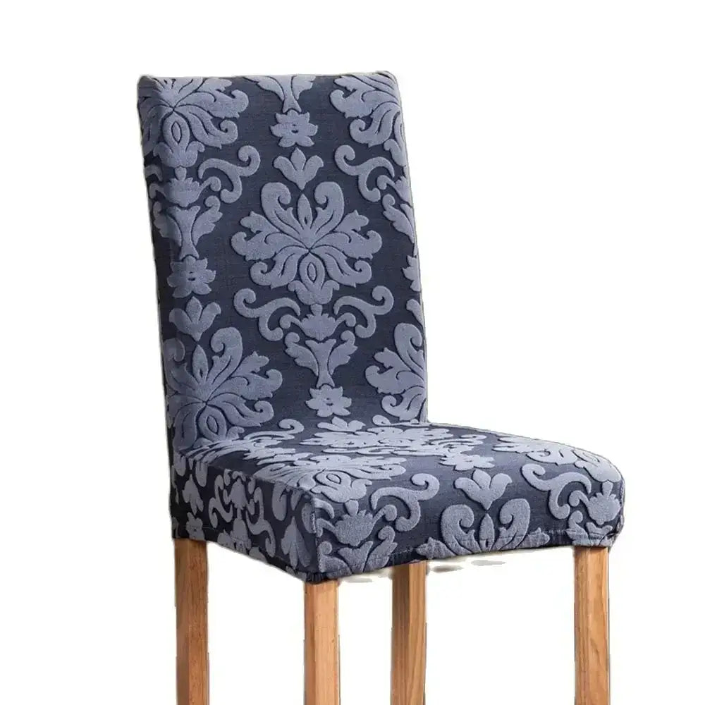 Navy and light gray damask embossed print stretch chair covers with wooden legs for dining room decorbites 3d embossed design