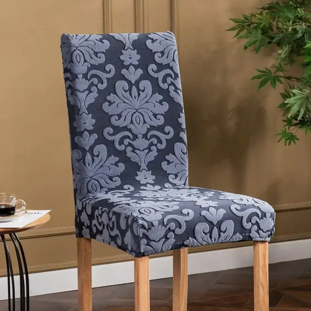 Navy and light gray damask embossed print stretch chair covers by decorbites 3d embossed for dining room decor
