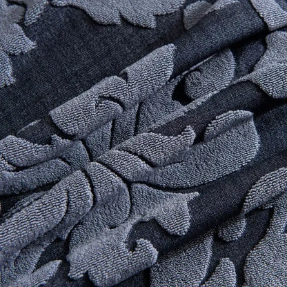 Navy and light gray damask embossed print chair covers featuring dark gray towel fabric with decorbites 3d embossed leaf patterns
