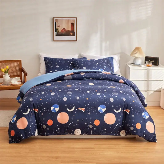 Navy space planet bedding set featuring cosmos luminous colorful planets moons and stars on soft fabric surface