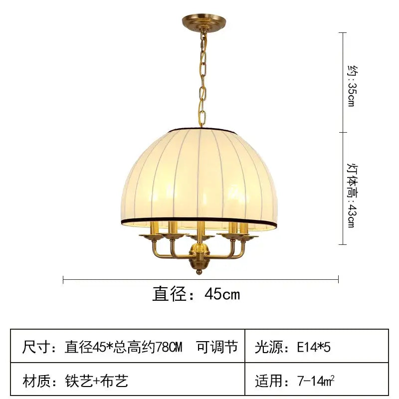 A neoclassical cream striped pendant light featuring a brass frame and cream ribbed fabric shade with five e14 sockets