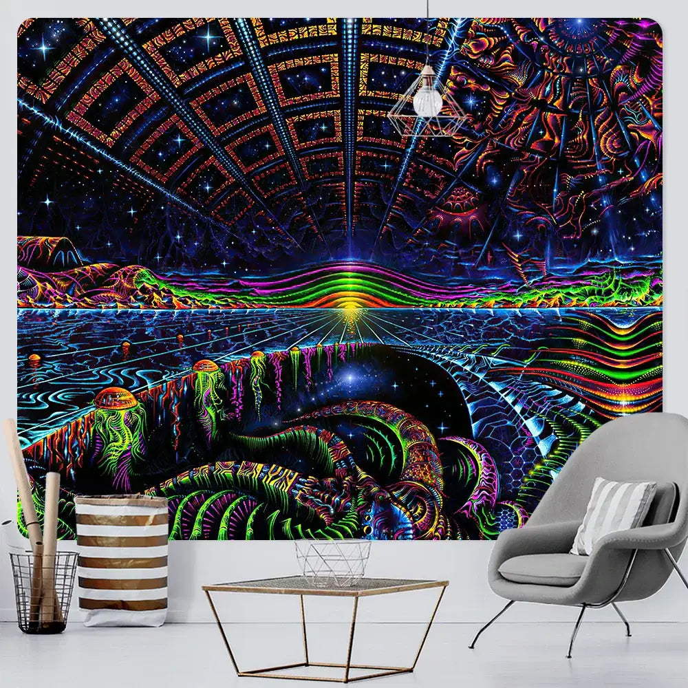 Vibrant decorbites bohemian tapestry with glowing neon colors and intricate cosmic patterns for bedroom wall decor