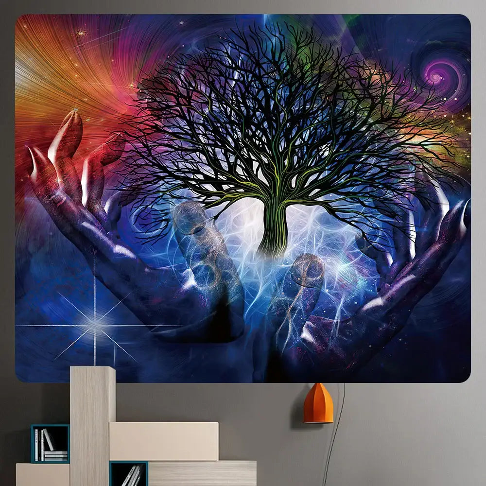 Vibrant neon psychedelic bohemian tapestry featuring glowing cosmic tree and hands for bedroom wall decorbites bohemian tapestry