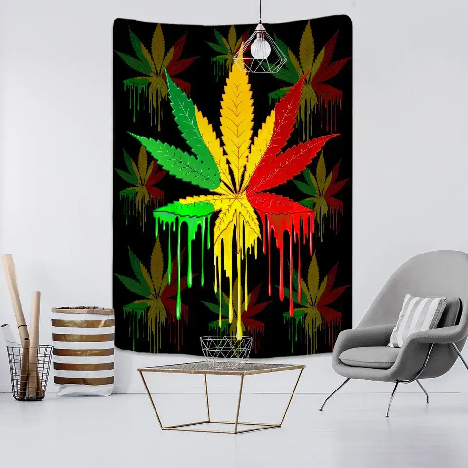Neon purple and blue printed maple leaf tapestry featuring a vibrant rasta-themed marijuana leaf for bedroom wall decor