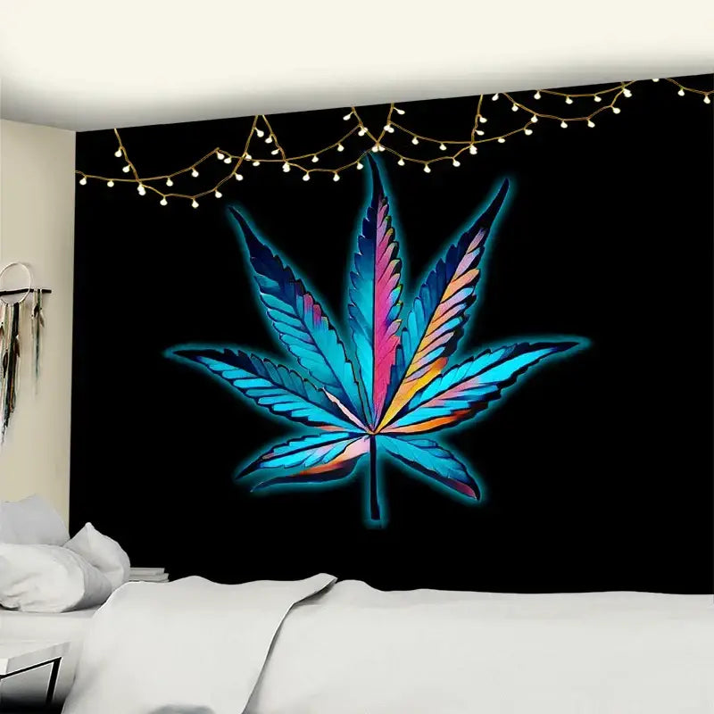 Neon purple and blue printed maple leaf tapestry with vibrant glowing gradient design for bedroom wall decor