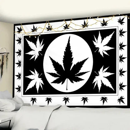 Black and white printed maple leaf tapestry with central silhouette design for bedroom wall decor