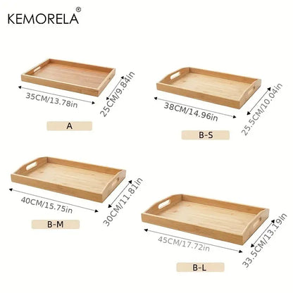 Set of four nested light brown rectangular wooden trays made of bamboo with integrated handles for kitchen storage